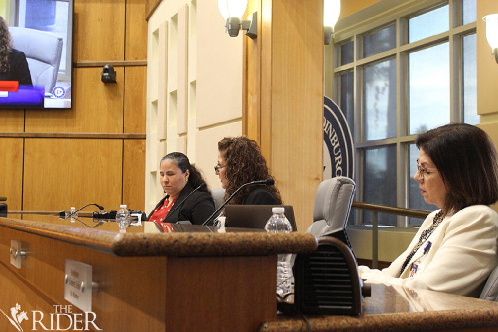 Edinburg City Manager Myra L. Ayala speaks to the councilmembers. Ayala is flanked by City Secretary Clarice Yvette Balderas (left) and City Attorney Josephine Ramirez Solis. Raquel Cazares/THE RIDER