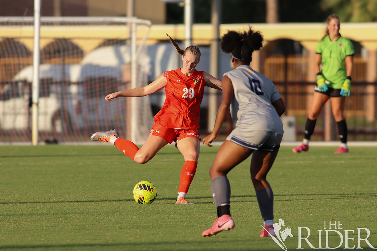 Vaqueros senior defender Abbie Bailey fights for possession of the ball against Yellow Jackets sophomore forward Madelynn Harry during a match Sept. 6 at the UTRGV Soccer and Track & Field Complex on the Edinburg campus. THE RIDER FILE PHOTO