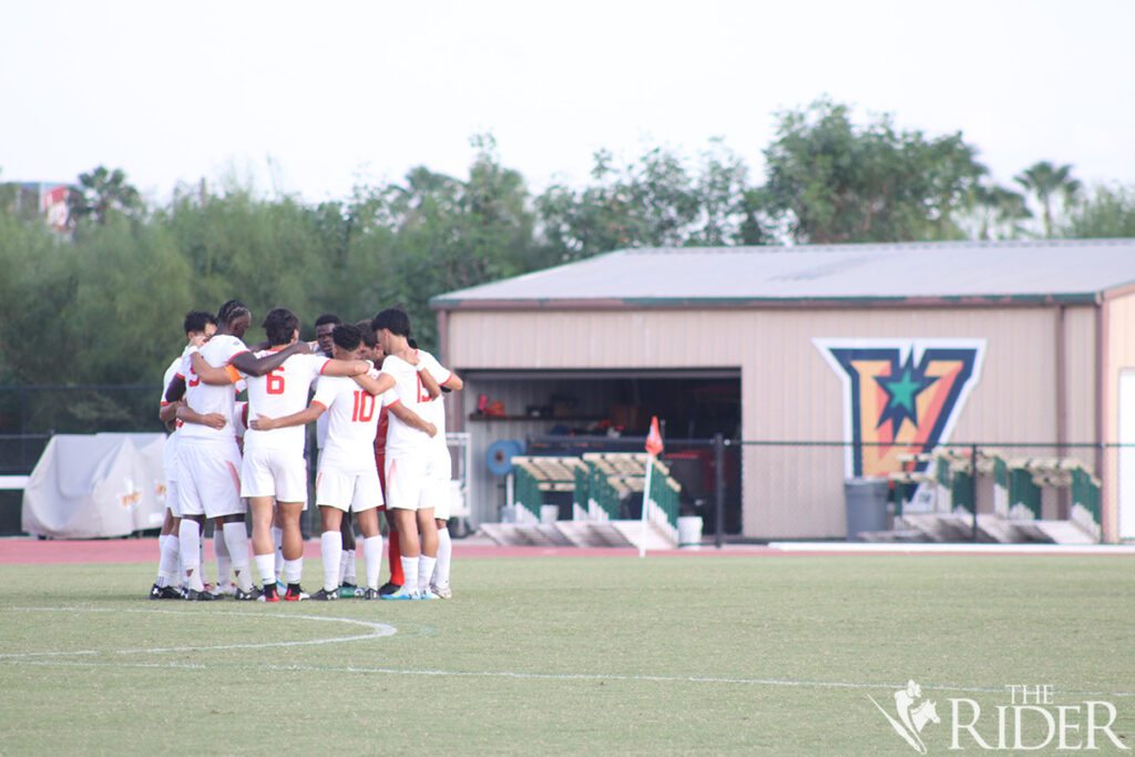 Members of the UTRGV Men’s Soccer Team gather before the game against Jacksonville University Thursday at the UTRGV Soccer and Track & Field Complex on the Edinburg campus. The game ended in a 1-1 tie. Raquel Cazares/THE RIDER