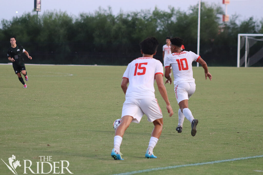 Vaqueros junior forward Sota Matsuo and sophomore forward Keaviano Francis run toward midfield in the game against the Jacksonville University Dolphins Thursday at the UTRGV Soccer and Track & Field Complex on the Edinburg campus. Raquel Cazares/THE RIDER