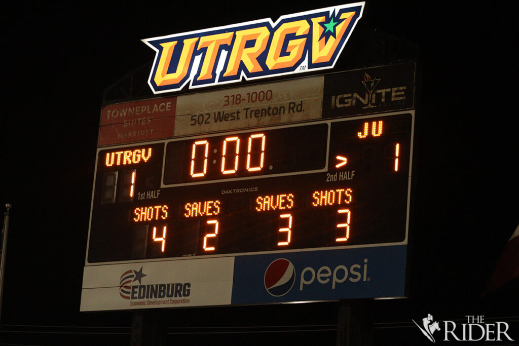 Shown is the final score of Thursday’s game at the UTRGV Soccer and Track & Field Complex on the Edinburg campus. Raquel Cazares/THE RIDER