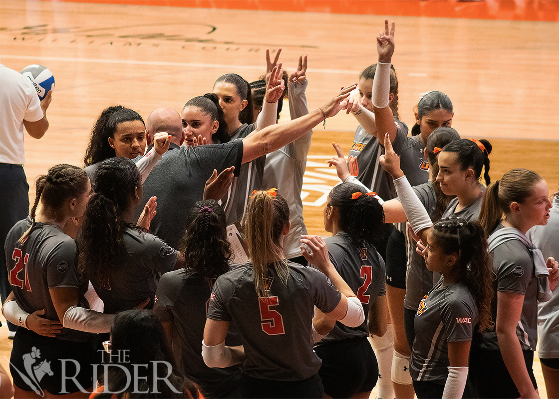 The UTRGV Volleyball Team breaks after a timeout during a September 2023 match in the Fieldhouse on the Edinburg campus. THE RIDER FILE PHOTO