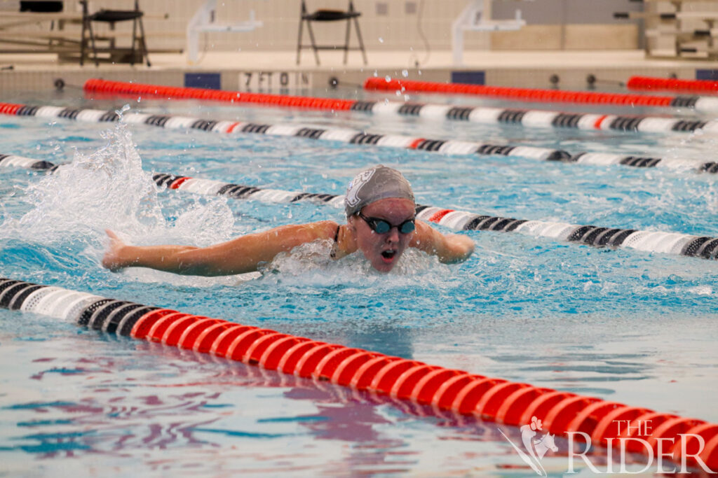 Vaqueros freshman swimmer Ida Rudelius competes in the 100-meter butterfly event during the Orange & Gray Intrasquad Meet Sept. 28 in the Pharr-PSJA-UTRGV Natatorium. Abigail Ollave/THE RIDER