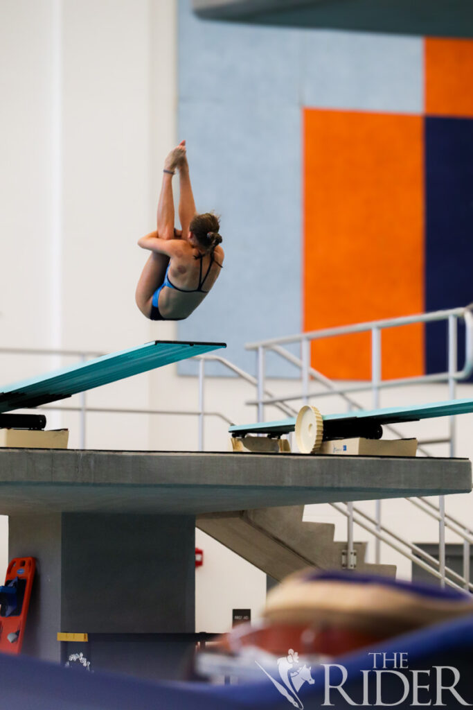 Freshman diver Manou Meulebeek rehearses her 3-meter springboard dive routine before the Orange & Gray Intrasquad Meet Sept. 28 in the Pharr-PSJA-UTRGV Natatorium. Abigail Ollave/THE RIDER